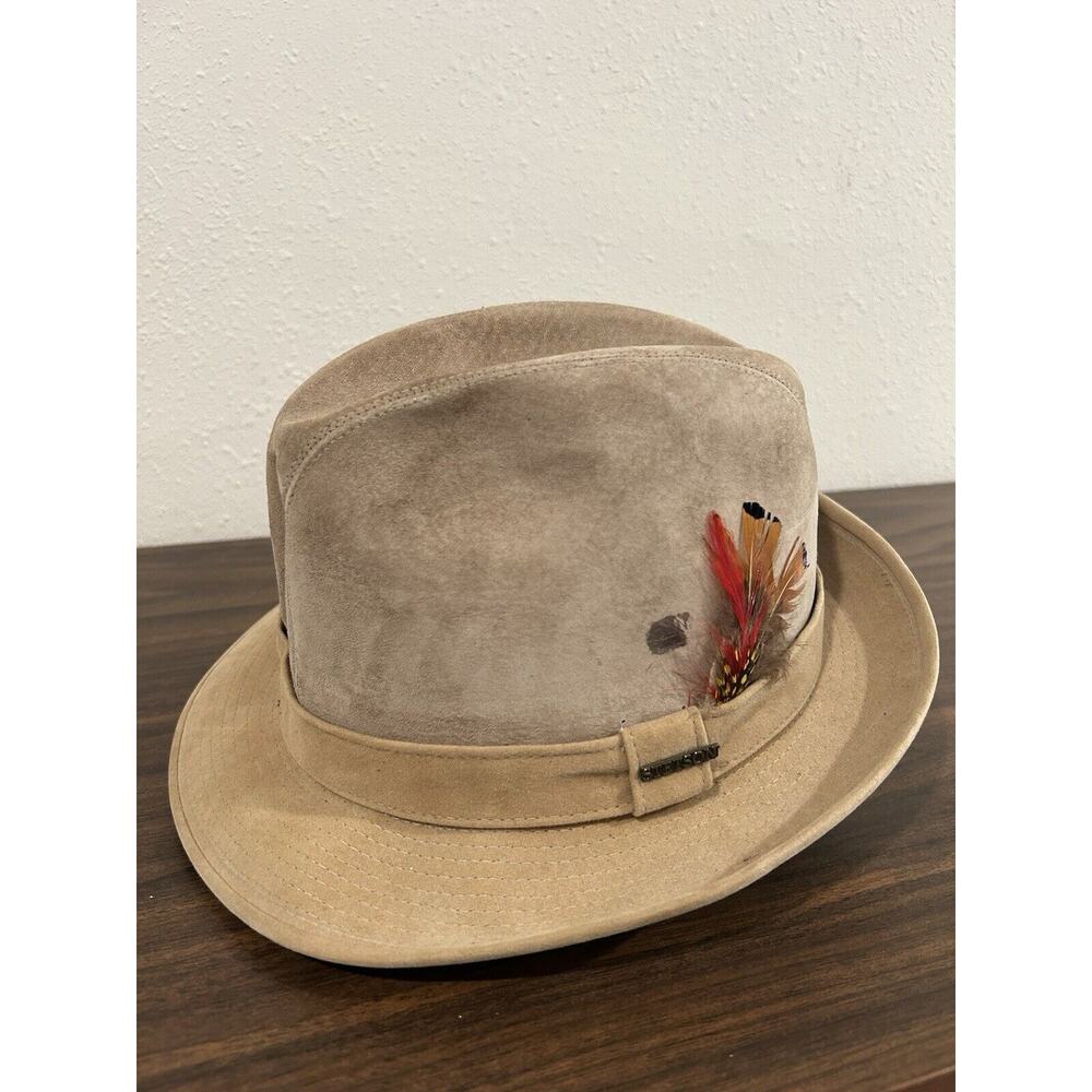 Vtg Men's Stetson Genuine Suede Leather Hat Fedora Size 7 USA Union Made Feather